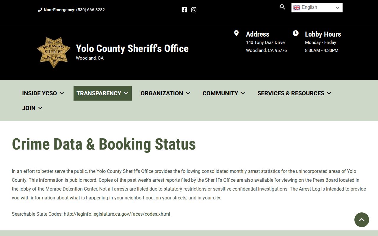 Yolo County official recent arrests and booking status page