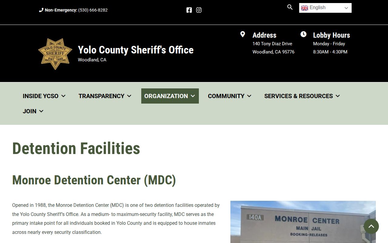 Official Monroe Detention Center page identifying Yolo County primary booking intake