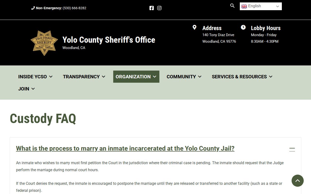 Yolo County custody FAQ for recent arrest and jail roster information