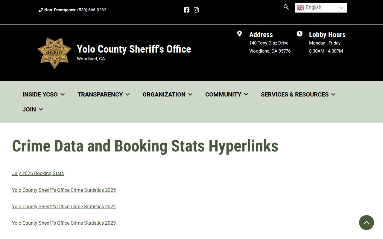 Yolo County Sheriff booking-statistics hyperlinks page for monthly arrest reports