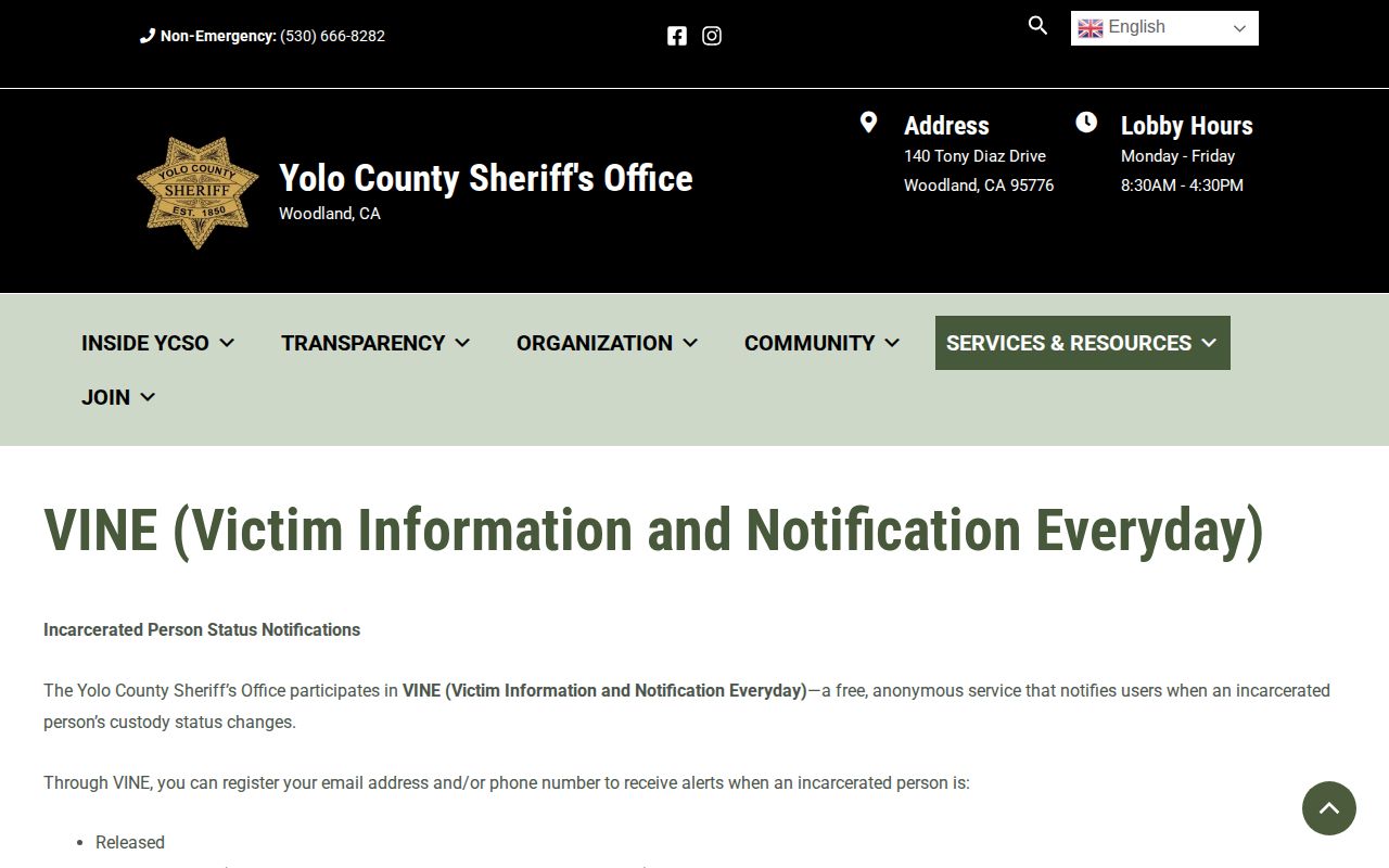 Yolo County Sheriff VINE participation and custody alert page