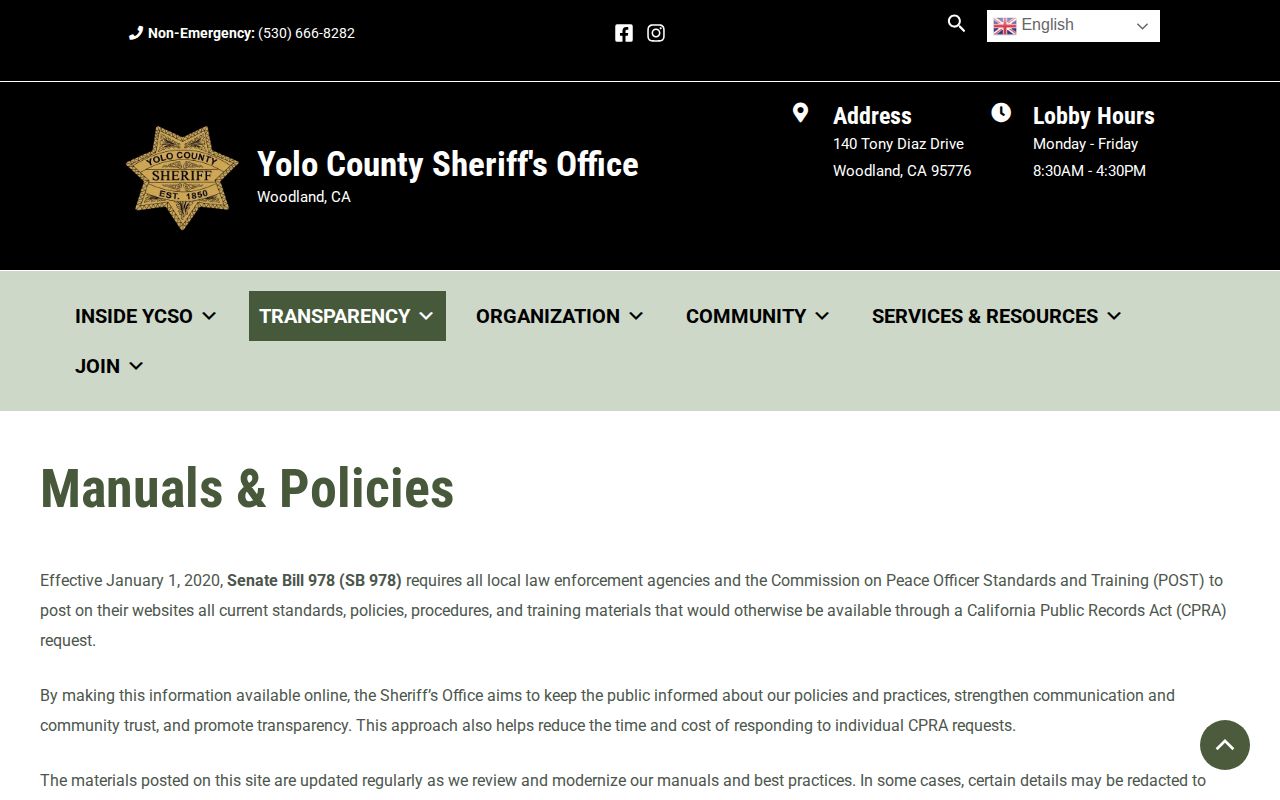 Yolo County Sheriff booking photograph and arrest record policy page