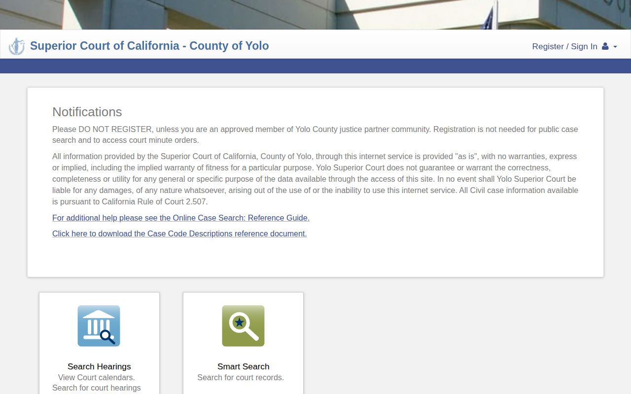 Yolo County court portal for arrest case and disposition records