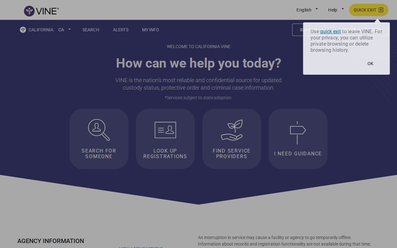 California VINELink custody search screen for Yolo County
