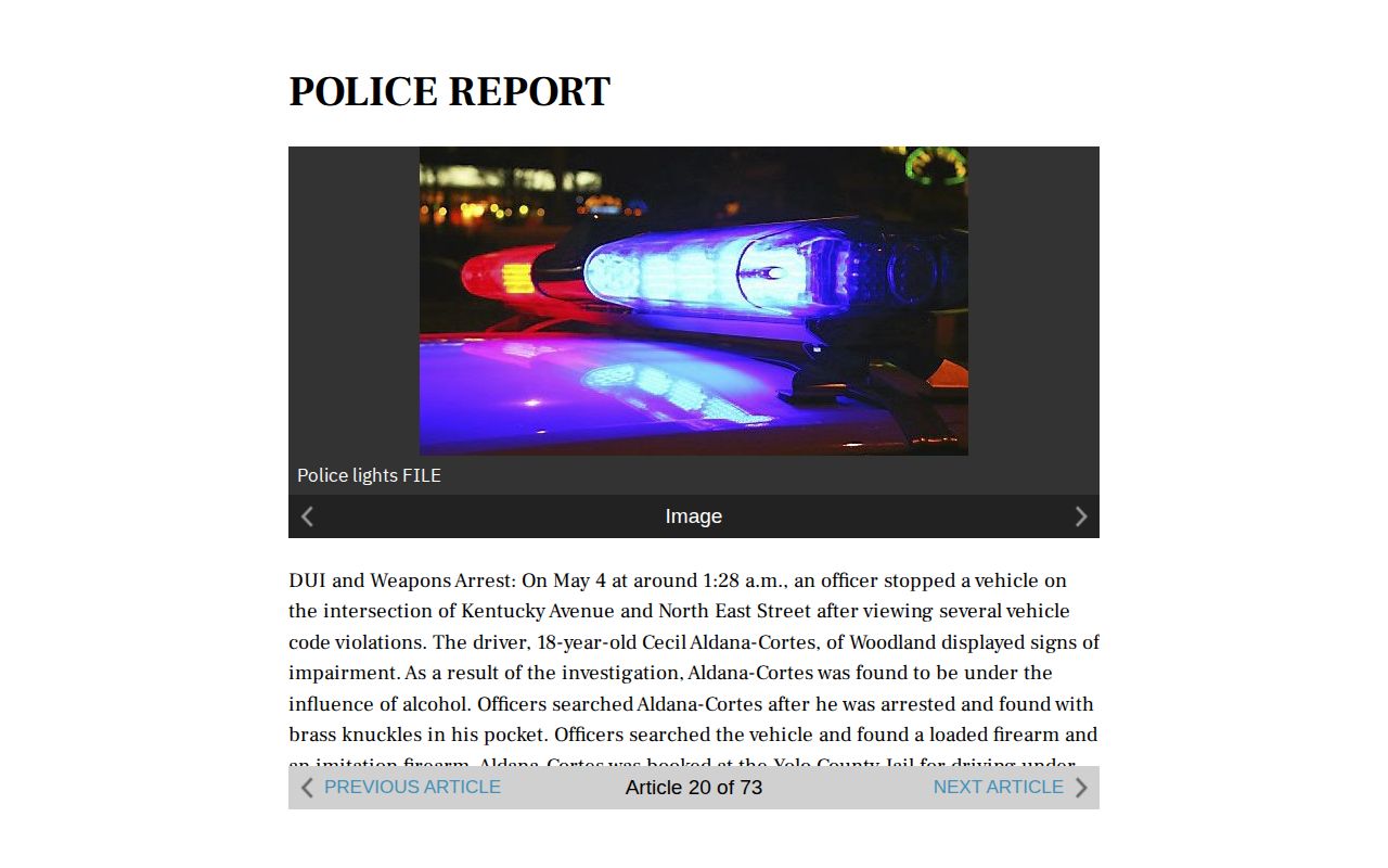 Daily Democrat sample police report showing local blotter-style reporting without a mugshot gallery